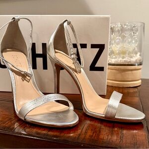 SCHUTZ Cadey Lee Metallic Silver Single-Band Ankle-Strap Stiletto 4 inch New